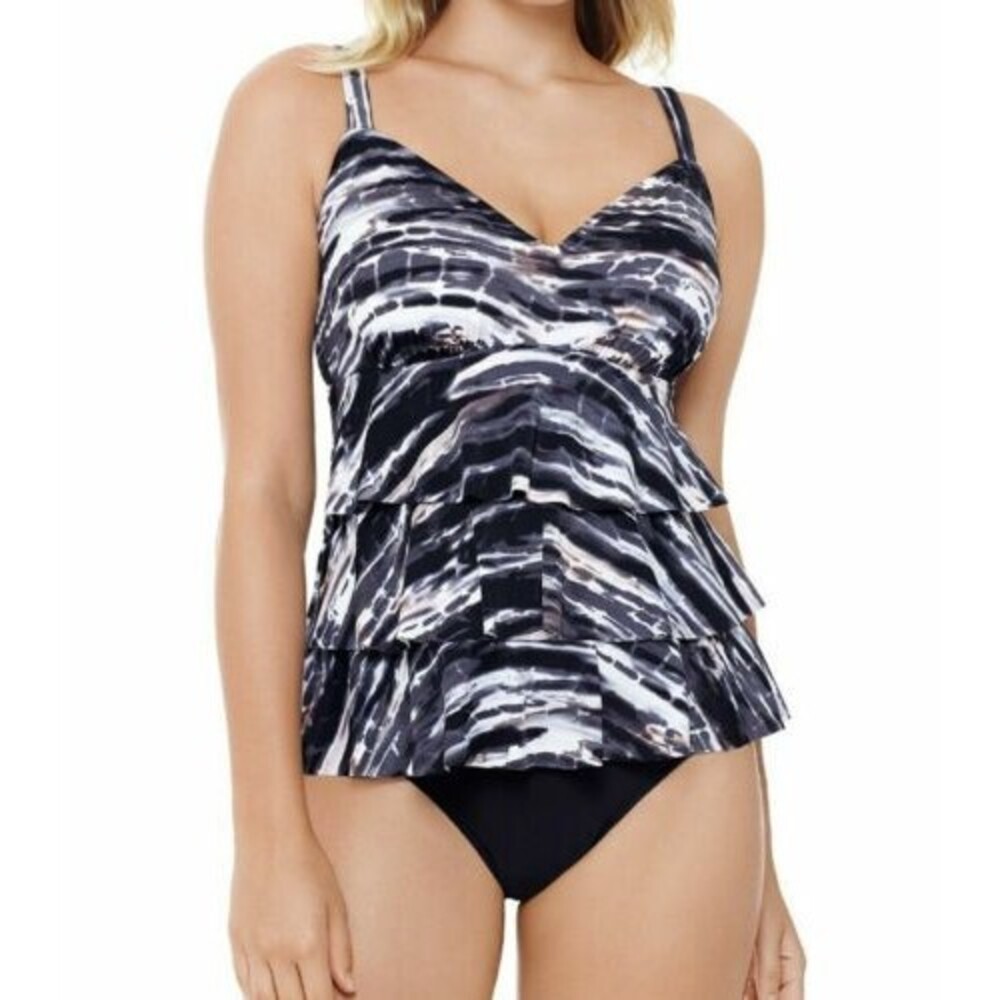 NWT SWIM SOLUTIONS Tummy Control Ruffled One Piece Swimsuit sz 12 Black